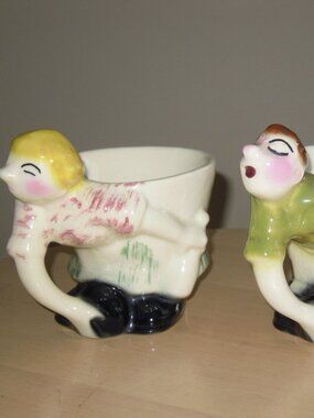 PAIR Bowling Ball Vintage Pottery Sam Greller Whimsical Kitschy Planter 1950s